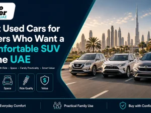 Line-up of comfortable used SUVs parked in a UAE urban setting