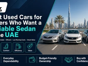 Lineup of popular reliable used sedan cars parked in the UAE
