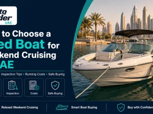 Used cabin cruiser yacht moored in a UAE marina at sunset