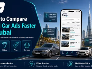 Buyer comparing used car ads online for Dubai market