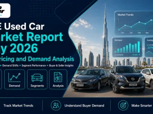 Used cars parked in a UAE dealership lot representing the May 2026 market report