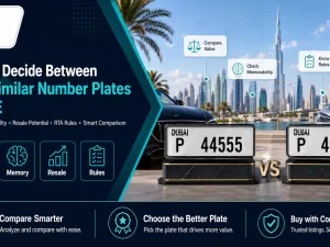 Two similar UAE car number plates side by side being compared by a buyer