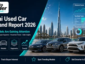 Used cars parked in Dubai with city skyline in the background