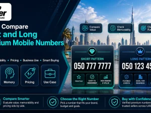 Premium UAE mobile number displayed on a smartphone next to car keys in a showroom