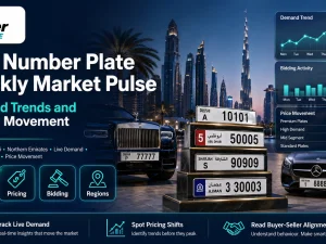 UAE number plates displayed on premium cars in a Dubai parking area