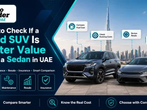Used SUV and sedan parked side by side in the UAE, being compared for value