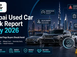 Used cars parked in Dubai dealership lot during May 2026 market review