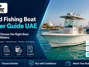 Used fishing boat cruising in UAE Gulf waters at sunset