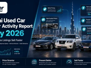 Used cars parked in Dubai with sellers preparing listings for online marketplaces