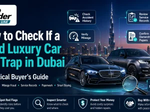 Used luxury car being inspected in a Dubai workshop