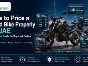 Used motorcycle parked in UAE with price tag, representing how to price a used bike properly