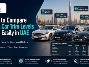 Used cars of different trim levels parked in a Dubai showroom