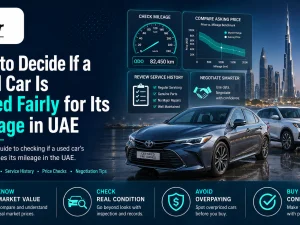 Used cars parked in UAE with visible odometers showing different mileage readings
