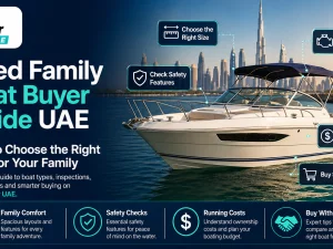 Used family boat cruising off the UAE coastline at sunset