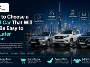 Used cars parked in a row at a dealership in the UAE