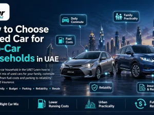 Used family SUV and compact car parked outside a villa in the UAE