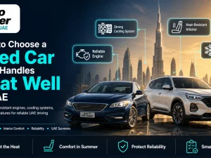 Used car parked under strong sun in UAE desert road with heat haze in background