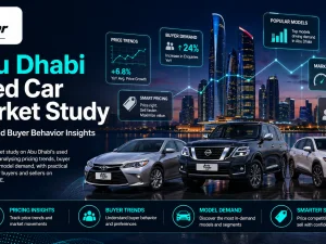 Used car market in Abu Dhabi with popular SUVs and sedans parked in a dealership lot