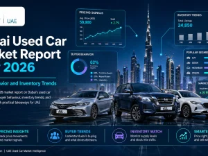 Used cars lined up in a Dubai dealership lot in May 2026
