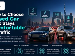 Used car stuck in UAE traffic with driver sitting comfortably inside