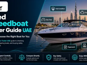 Used speedboat cruising off the UAE coastline at sunset