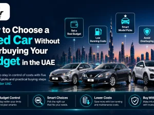 Used cars parked in UAE showroom with buyers comparing models and prices