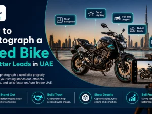 Used motorcycle parked outdoors in UAE being photographed for an online sale listing