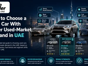 Used cars parked in Dubai showing popular models in the UAE second-hand market