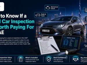 Mechanic performing a used car inspection in UAE workshop