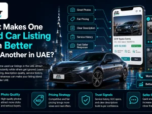 Buyer comparing two used car listings on a laptop in the UAE