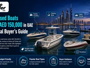 Used family boat cruising off the UAE coastline at sunset