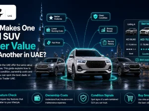 Used SUVs parked in UAE showing different sizes and trims for comparison