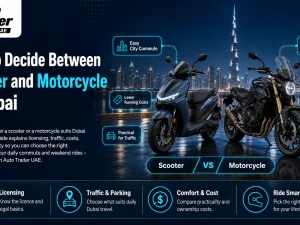 Scooter and motorcycle parked side by side on a Dubai street at sunset