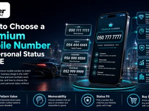 Premium mobile number displayed on a smartphone next to luxury car keys in the UAE