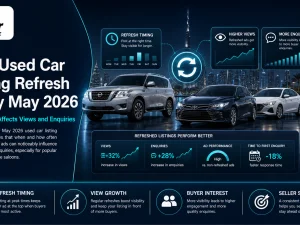 UAE used car listings dashboard showing refresh timing analysis for May 2026