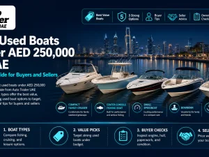 Used family cruiser boat docked at a UAE marina