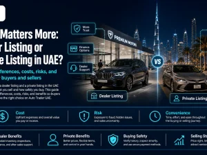 Buyer comparing dealer listing and private car listing options in the UAE on Auto Trader UAE