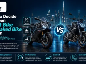 Rider comparing a sport bike and a naked bike parked side by side in a UAE urban setting