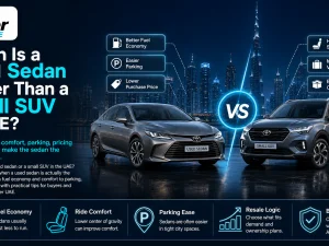 Used sedan driving on a UAE highway, comparing to a small SUV choice