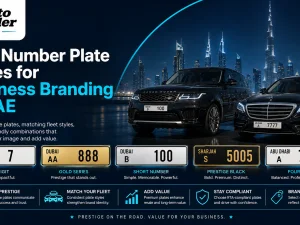Business fleet of cars in UAE with coordinated number plate styles for branding