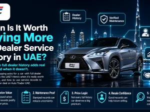 Customer reviewing dealer service history records for a used car purchase in UAE