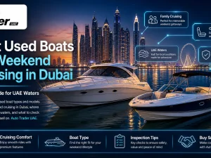 Used cabin cruiser yacht cruising off the Dubai Marina skyline at sunset
