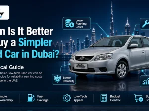 Simple used sedan driving on a Dubai road at sunset