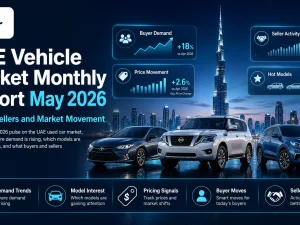 Used SUVs and sedans in UAE dealership lot, May 2026 market conditions