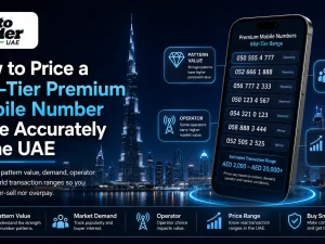 Premium UAE mobile number with repeated digits shown on a smartphone next to car keys