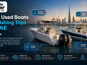 Used fishing boat cruising off the UAE coast at sunset