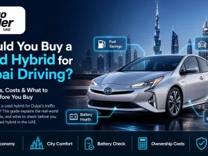 Used hybrid car driving on a Dubai road at sunset