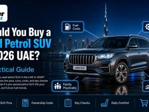 Used petrol SUV driving on a Dubai highway at sunset in 2026