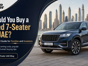 Used 7-seater family SUV parked in the UAE with doors open showing three rows of seats