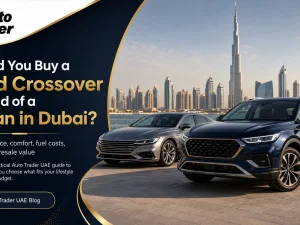 Used crossover and sedan parked side by side in Dubai street at sunset